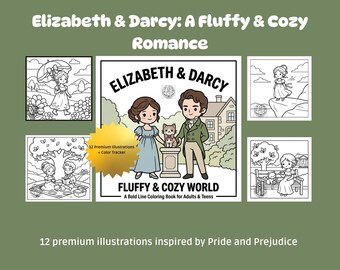 Pride and Prejudice Coloring Pages, 12 Elizabeth & Darcy Designs, Royal Color Tracker, Digital Download PDF, Regency Era Art.
