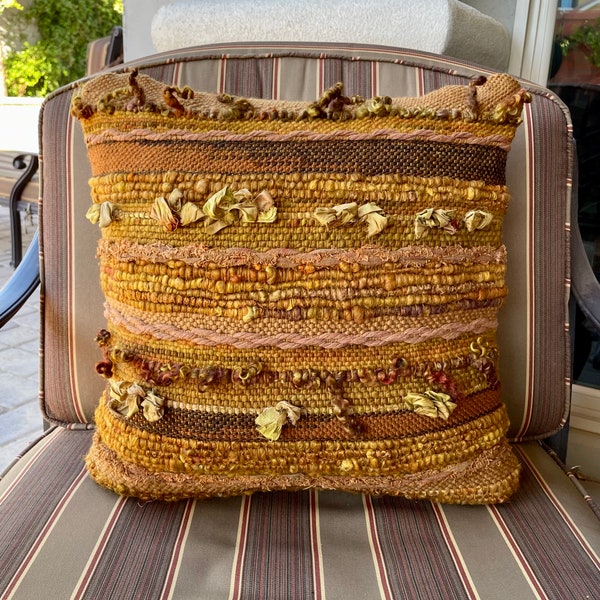 Hand Woven Throw Pillow Cover-Cognac (Golden Brown) Pillow Cover-Boho Decor-Unique Pillow Cover-Rustic Pillow Cover-One of a Kind-Artisan