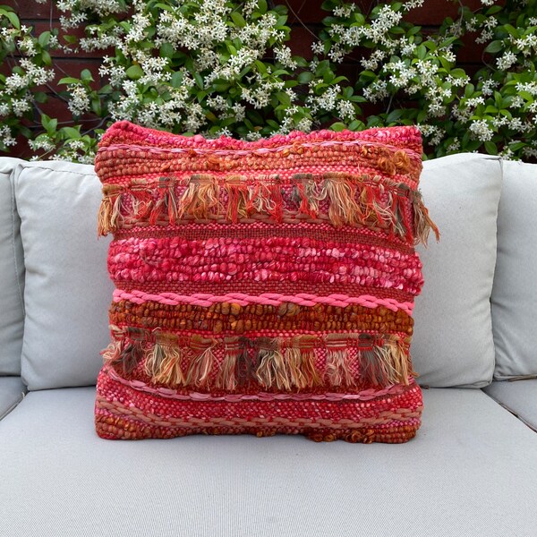 Hand Woven Throw Pillow Cover-Terra Cotta and Coral Pillow Cover-Unique Pillow Cover-Boho Decor-Textured Pillow Cover-Artisan-One of a Kind