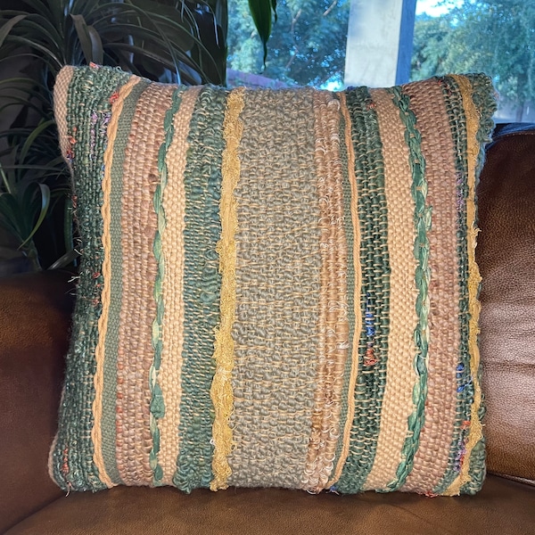 Farmhouse Throw Pillow Cover-Sage and Tan Pillow Cover-Textured Pillow Cover-Striped Pillow Cover-Accent Pillow Cover-One of a Kind-Artisan