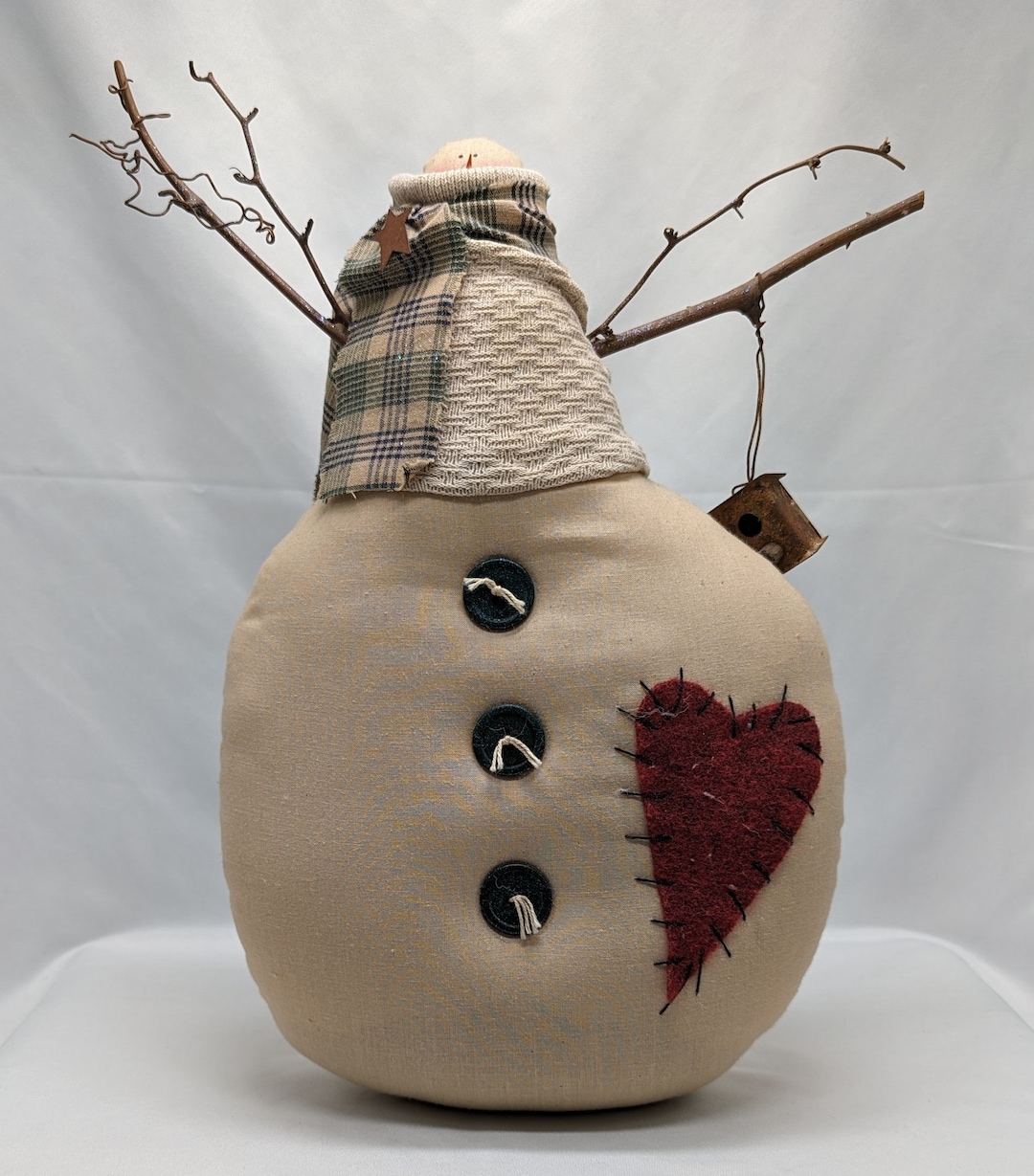 Vintage Homemade Stuffed Cloth Rag Doll Snowman Stick Arms Birdhouse ...