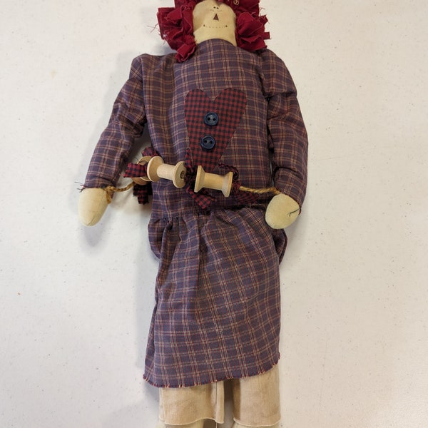 Vintage Homemade Stuffed Cloth Rag Doll with Heart Dress & Sewing Spools