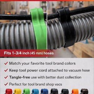 May include: Universal vacuum hose power cord clips in various colours. The clips fit 45 mm hoses. The image shows a green and a black clip attached to a hose. The clips are available in a pack of 8.