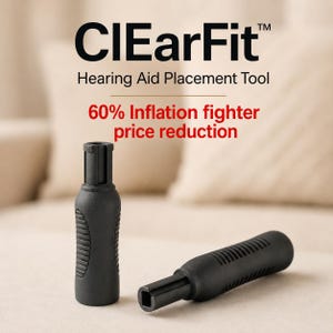May include: Two black CIearFit hearing aid placement tools. One tool stands vertically, while the other lies horizontally. Each tool features a textured grip handle and a specialized tip designed for the insertion of hearing aid devices.