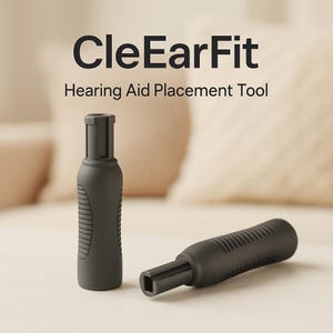 Puede incluir: Dos herramientas grises oscuras para la colocación de audífonos. Una herramienta está en posición vertical y la otra está tumbada. El texto "CleEarFit Hearing Aid Placement Tool" está encima de las herramientas.