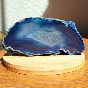 Blue Polished Half Agate Geode, Agate Geode on Wood Base, Agate Geode Crystal, Blue Agate Geode