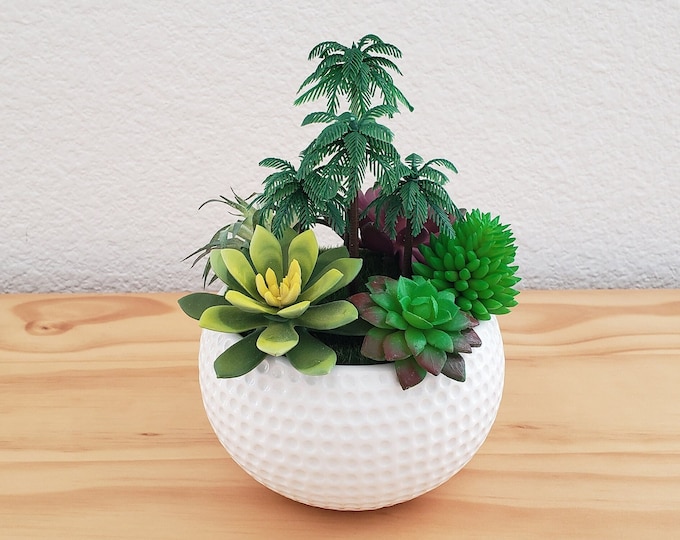 Golf Ball Ceramic Pot With Faux Succulents, Golf Ball Planter, Golf Ball Gift, Golf Centerpiece