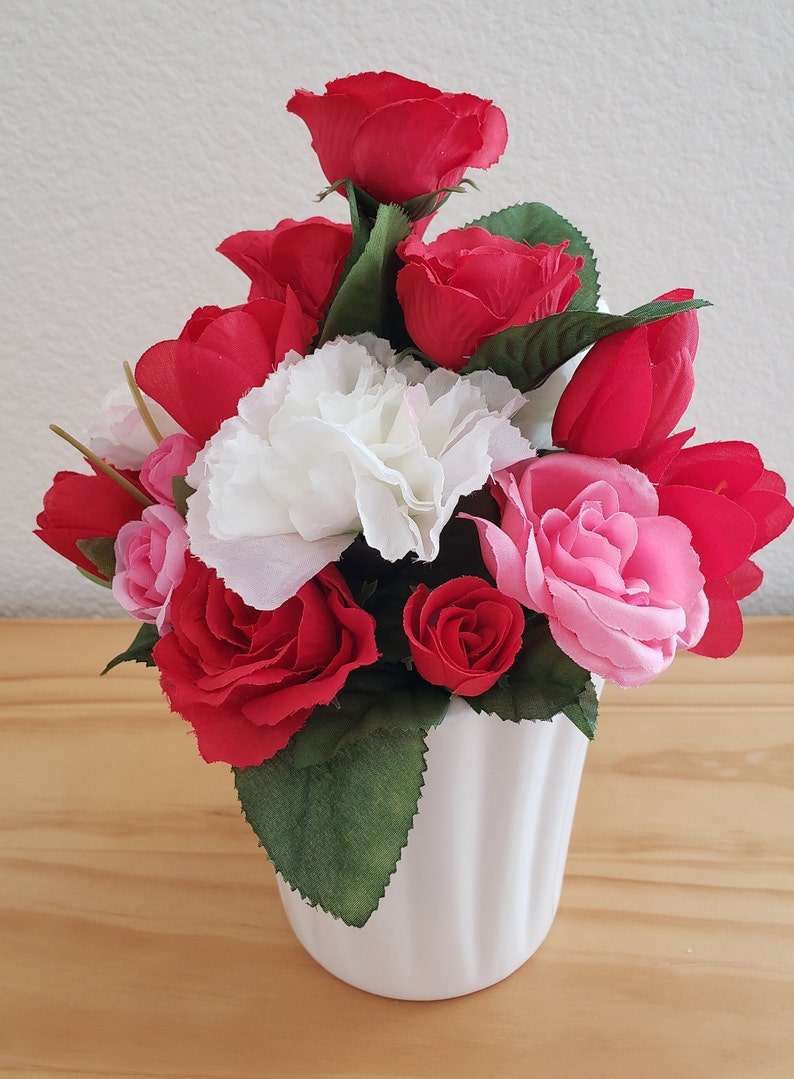 Silk Flower Bouquet in White Ceramic Pot, Artificial Flower Bouquet