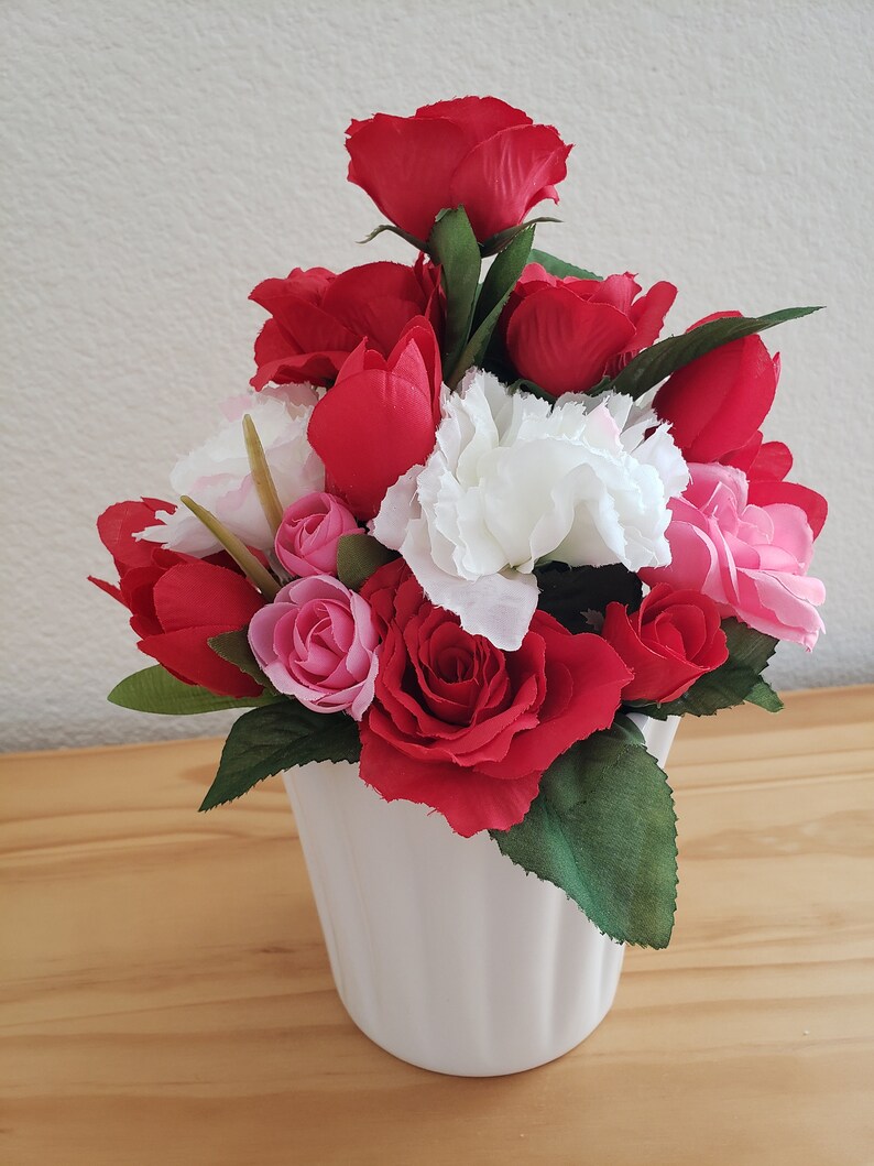 Silk Flower Bouquet in White Ceramic Pot, Artificial Flower Bouquet