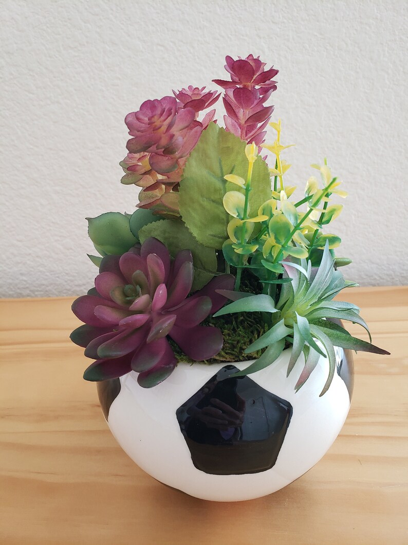 Soccer Ball Ceramic Pot With Artificial Succulents, Soccer Ball Centerpiece, Soccer Tabletop
