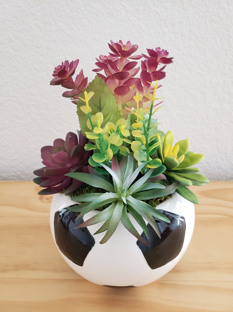 Soccer Ball Ceramic Pot With Artificial Succulents, Soccer Ball Centerpiece, Soccer Tabletop