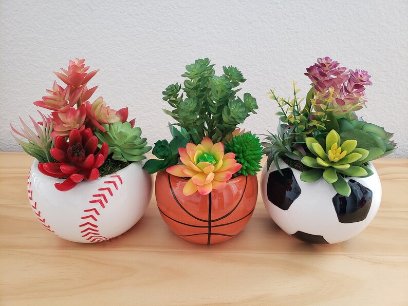 Soccer Ball Ceramic Pot With Artificial Succulents, Soccer Ball Centerpiece, Soccer Tabletop