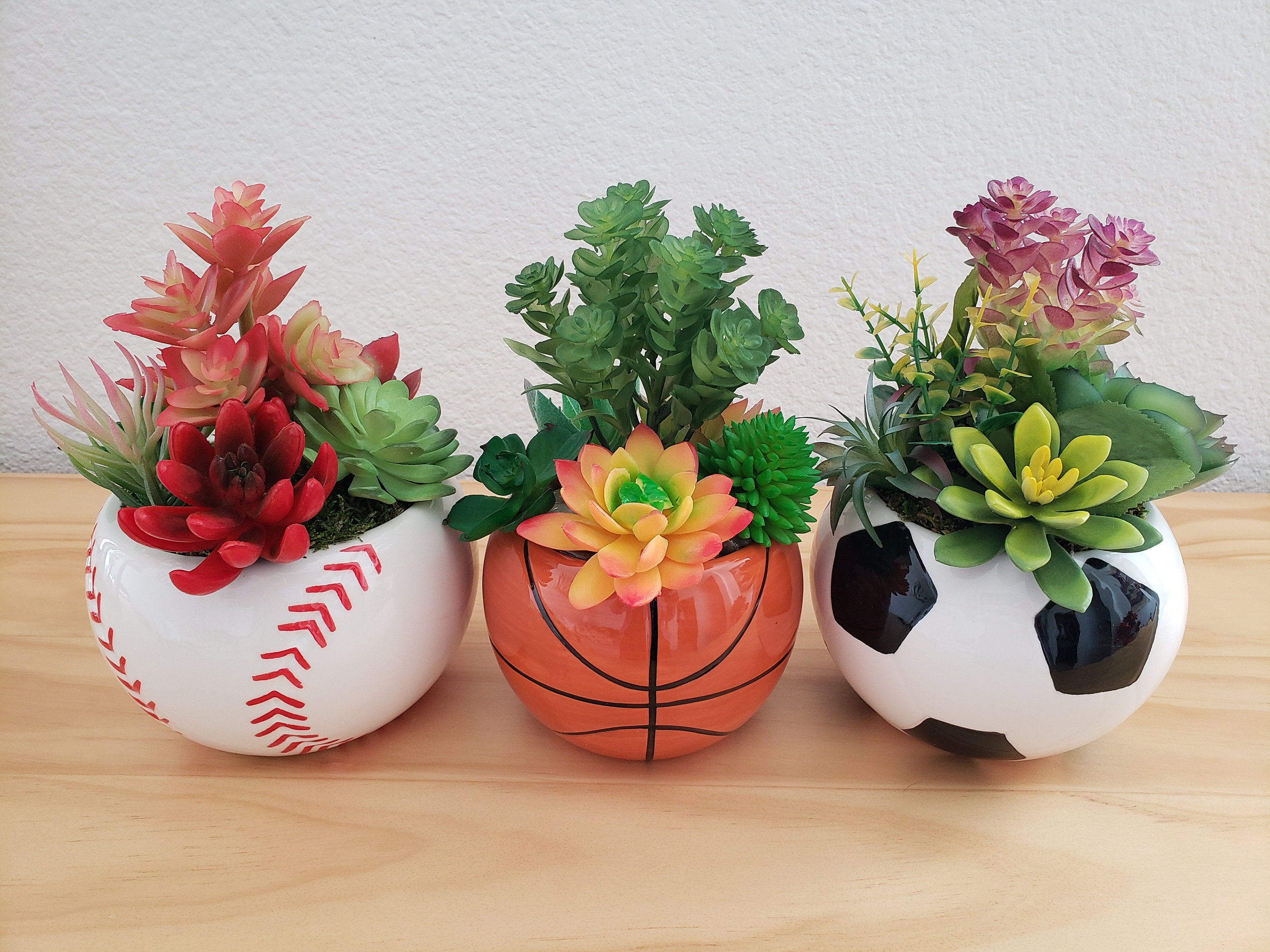 Soccer Ball Ceramic Pot With Artificial Succulents, Soccer Ball