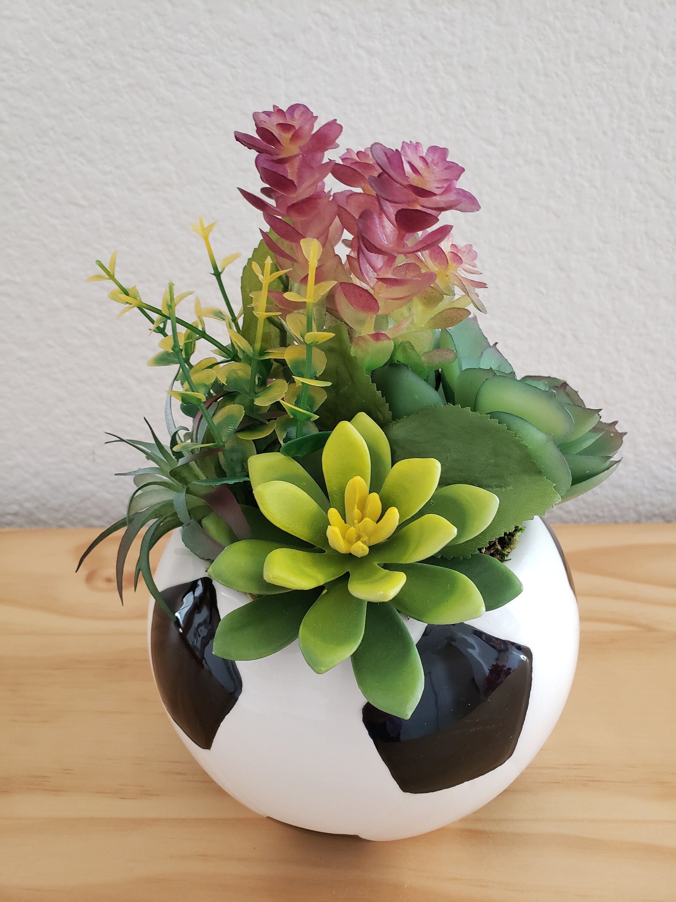 Soccer Ball Ceramic Pot With Artificial Succulents, Soccer Ball