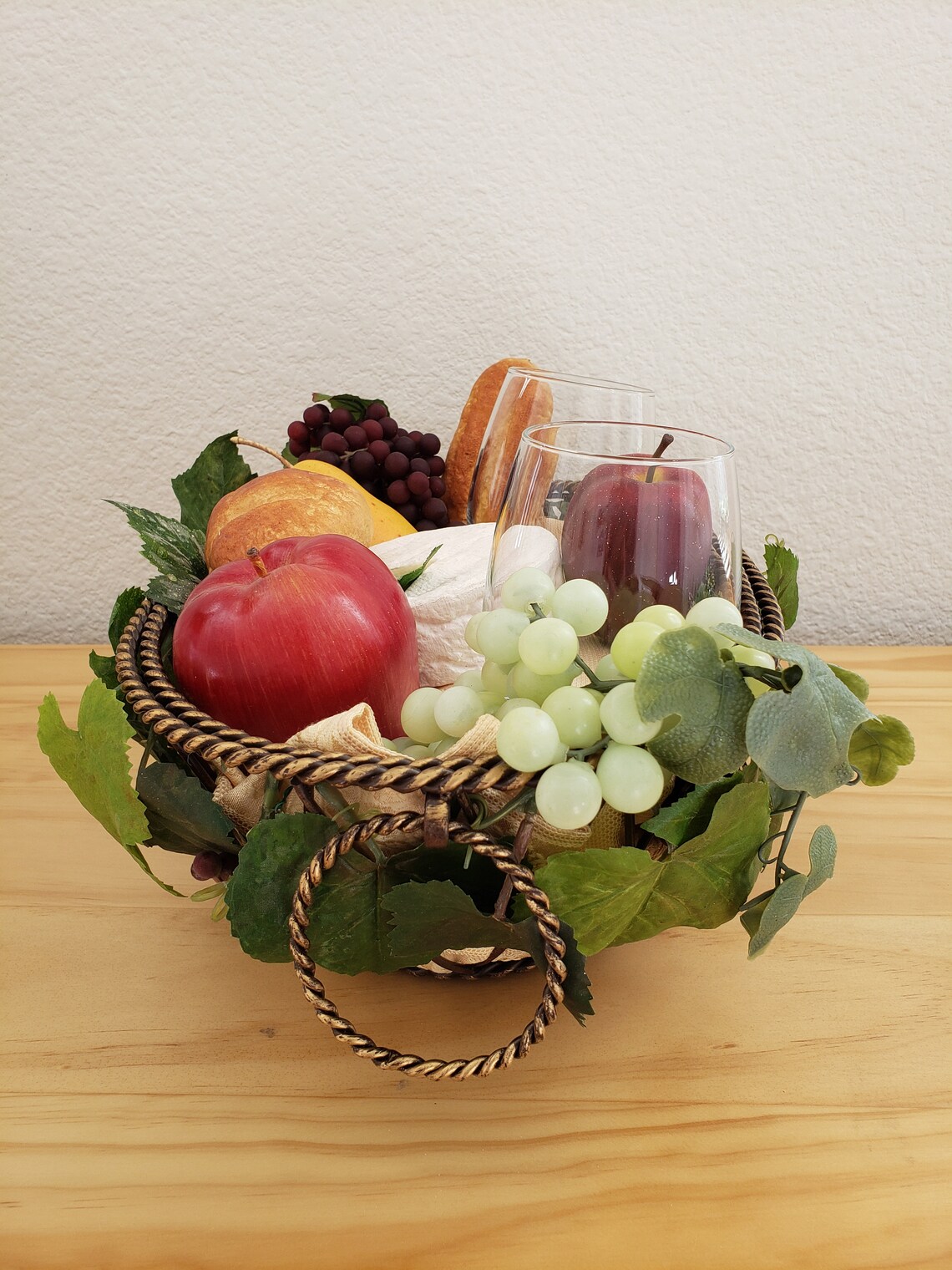 Fruit Basket Centerpiece With Wine Glasses, Wine Lovers Basket, Wine