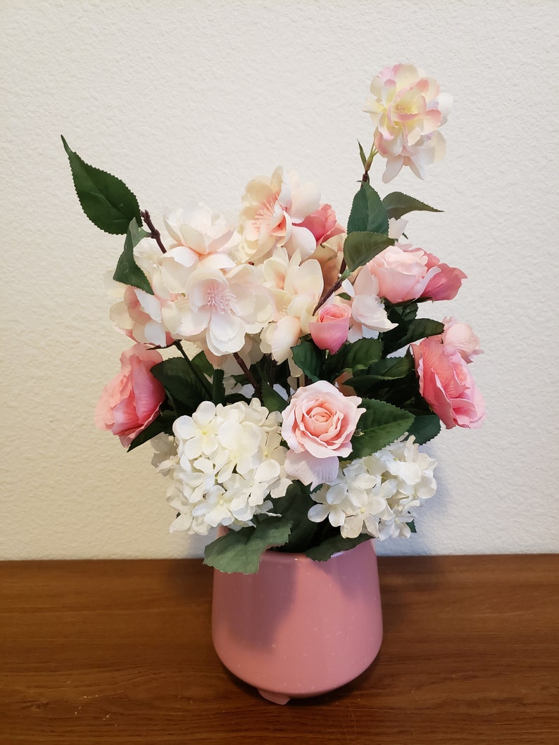 Artificial Bouquet in Pink Ceramic Pot, Artificial Floral Centerpiece