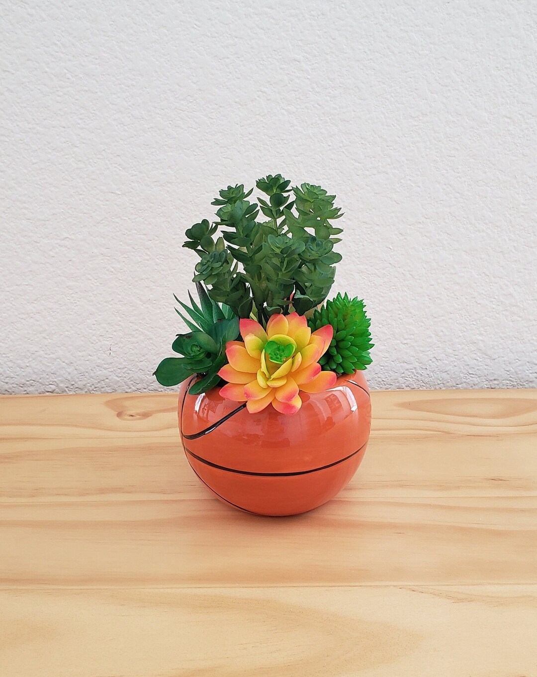 Basketball Ceramic Pot With Faux Succulents, Basketball Vase