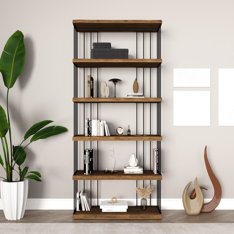 Handmade Solid Wood Modern Bookcase With Metal Racks Etsy