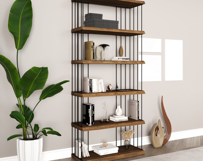 Handmade Solid Wood Modern Bookcase With Metal Racks Etsy