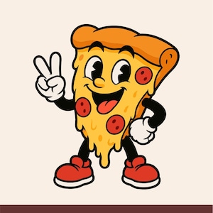 Könnte beinhalten: Ein Cartoon-Pizzastück-Maskottchen mit lächelndem Gesicht, rotem Peperoni-Belag und schmelzendem gelbem Käse. Die Figur hat schwarze Gliedmaßen, weiße Handschuhe und rote Schuhe und zeigt mit einer Hand das Friedenszeichen. Text: PIZZA MASCOT.