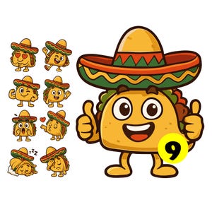 Taco Mascot Sticker EPS Cute Taco Wearing Sombrero Cartoon Logo Vector Illustrations Clipart Printable for Shirt