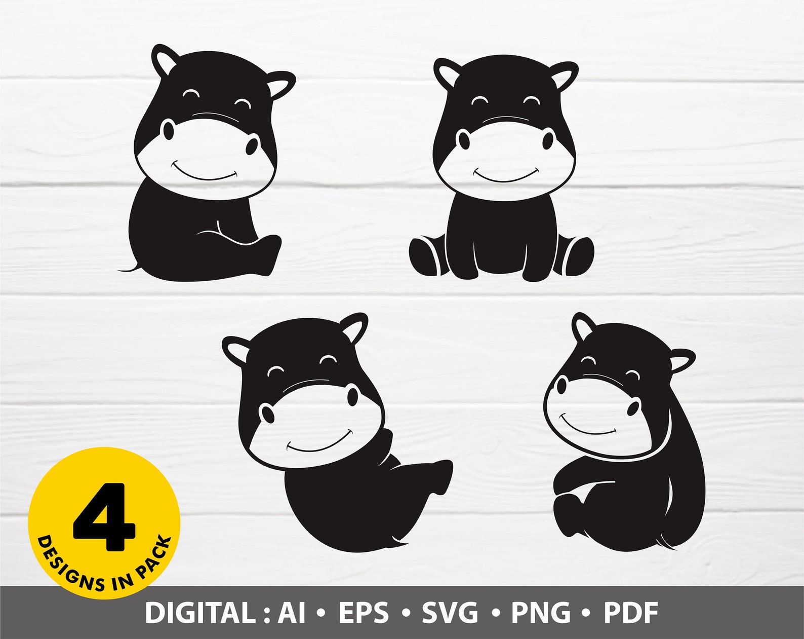 Hippo Silhouette Cartoon SVG PNG Cute Hippopotamus Black - Etsy