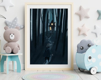 Arte de pared para niños imprimible en el bosque nocturno / Ilustración de guardería