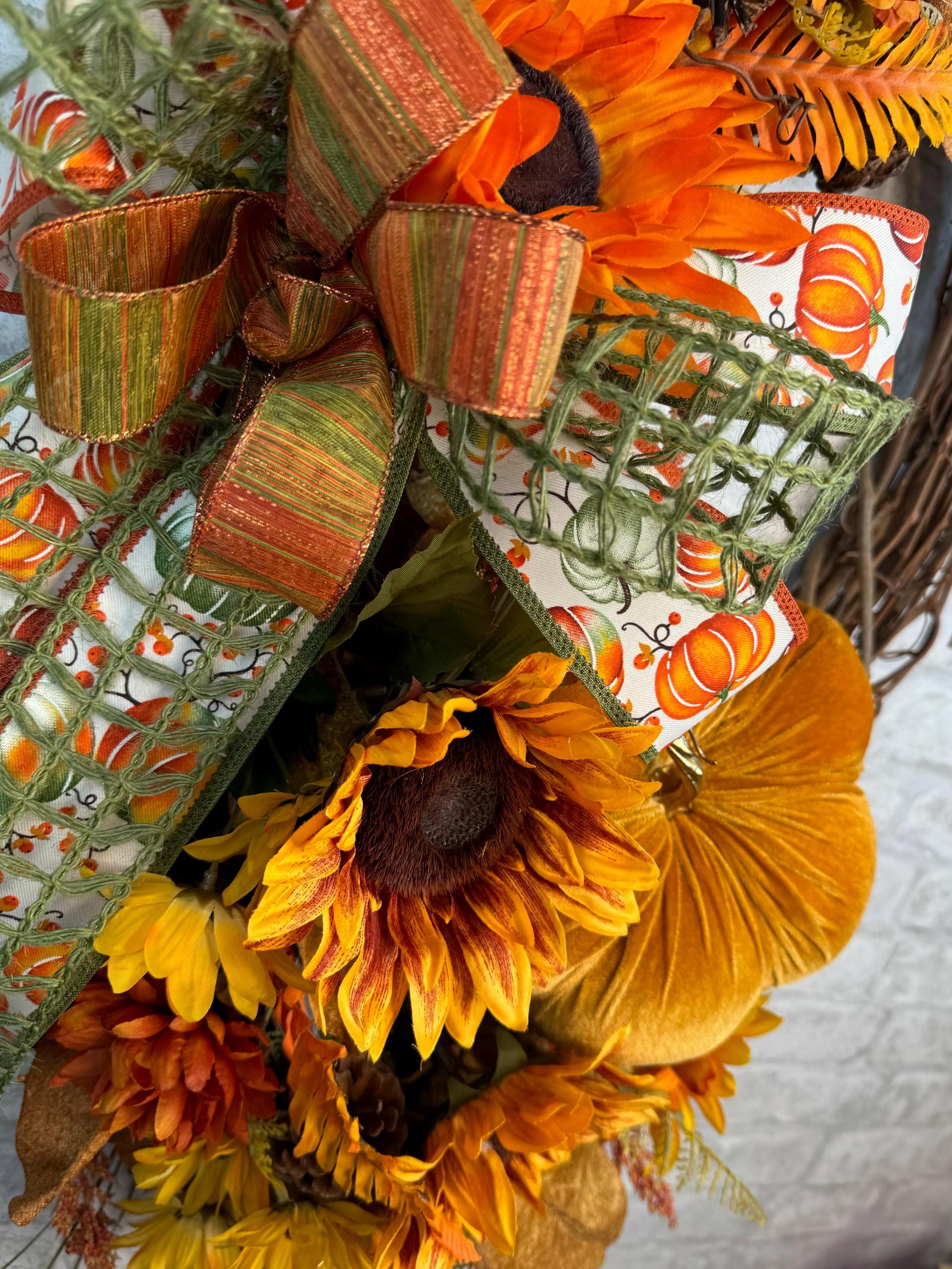 Large Glam Fall Pumpkin Wreath, Sunflower Grapevine Front Door Wreath ...
