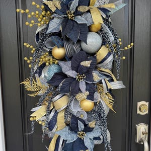 XL Christmas Swag, Elegant Navy, Silver, and Gold Swag, Poinsettia Christmas Wreath, Glam Christmas Swag, Christmas Teardrop Swag,