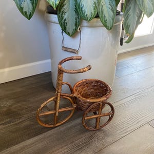 May include: A decorative, miniature bicycle planter made of woven rattan. The bicycle has a basket for holding plants or flowers. The wheels and handlebars are also made of rattan. The planter is brown and sits on a wooden floor.