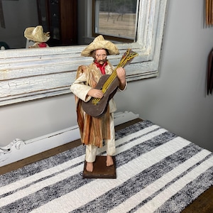 Vintage 15 inch Mexican Folk Art Paper Mache Man Playing Guitar Villager Statue Figurine.