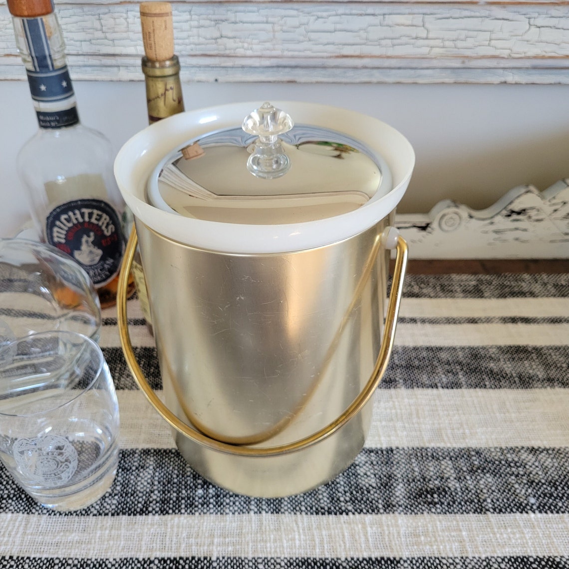 Vintage Kromex Ice Bucket Two Toned Metal Handle Plastic Liner Etsy