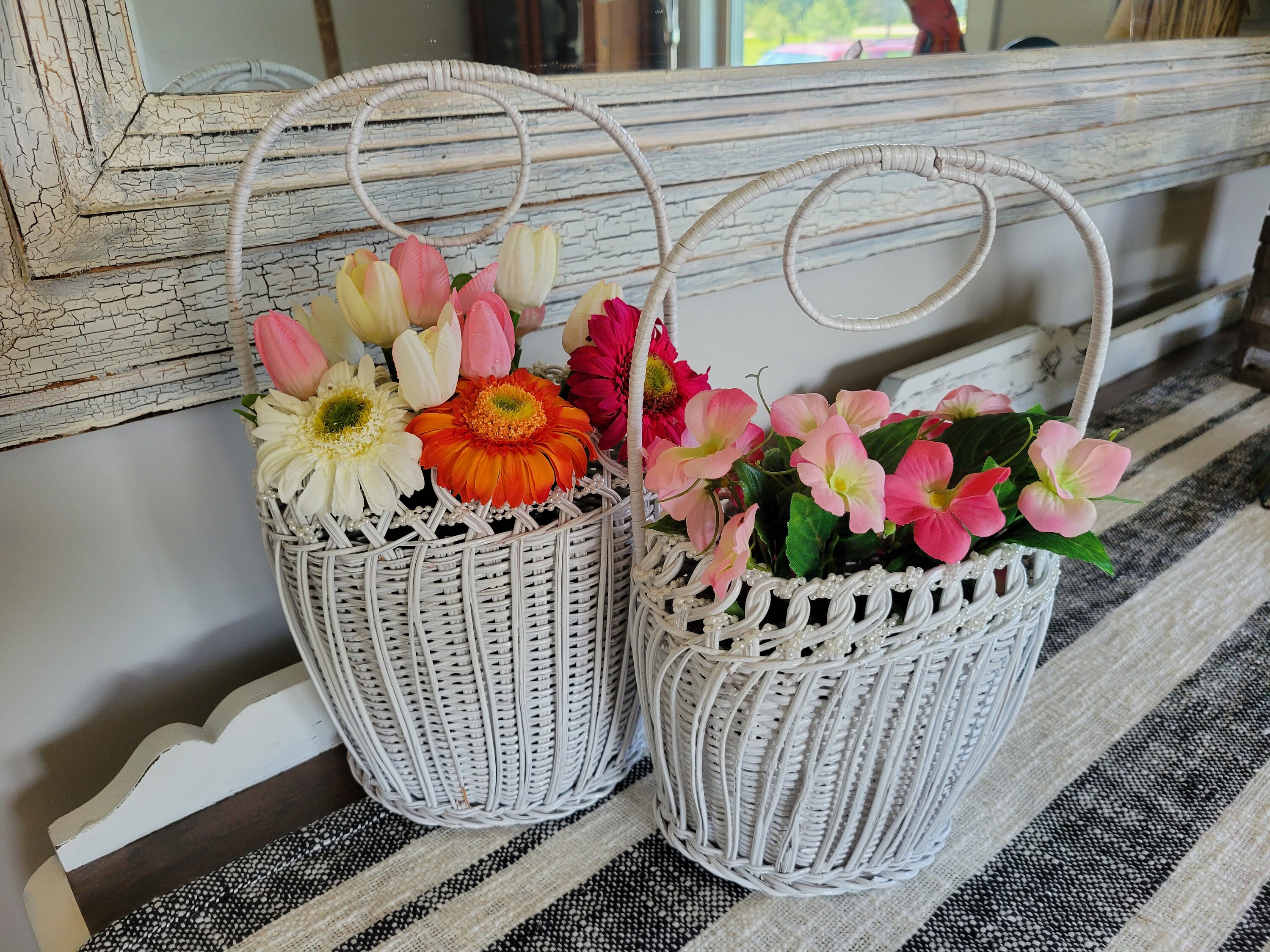Vintage Pair Of White Wicker Baskets With Handles Table Or Etsy