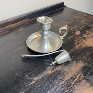 Vintage Pewter Chamber Stick Candle Holder with Snuffer, Finger Loop