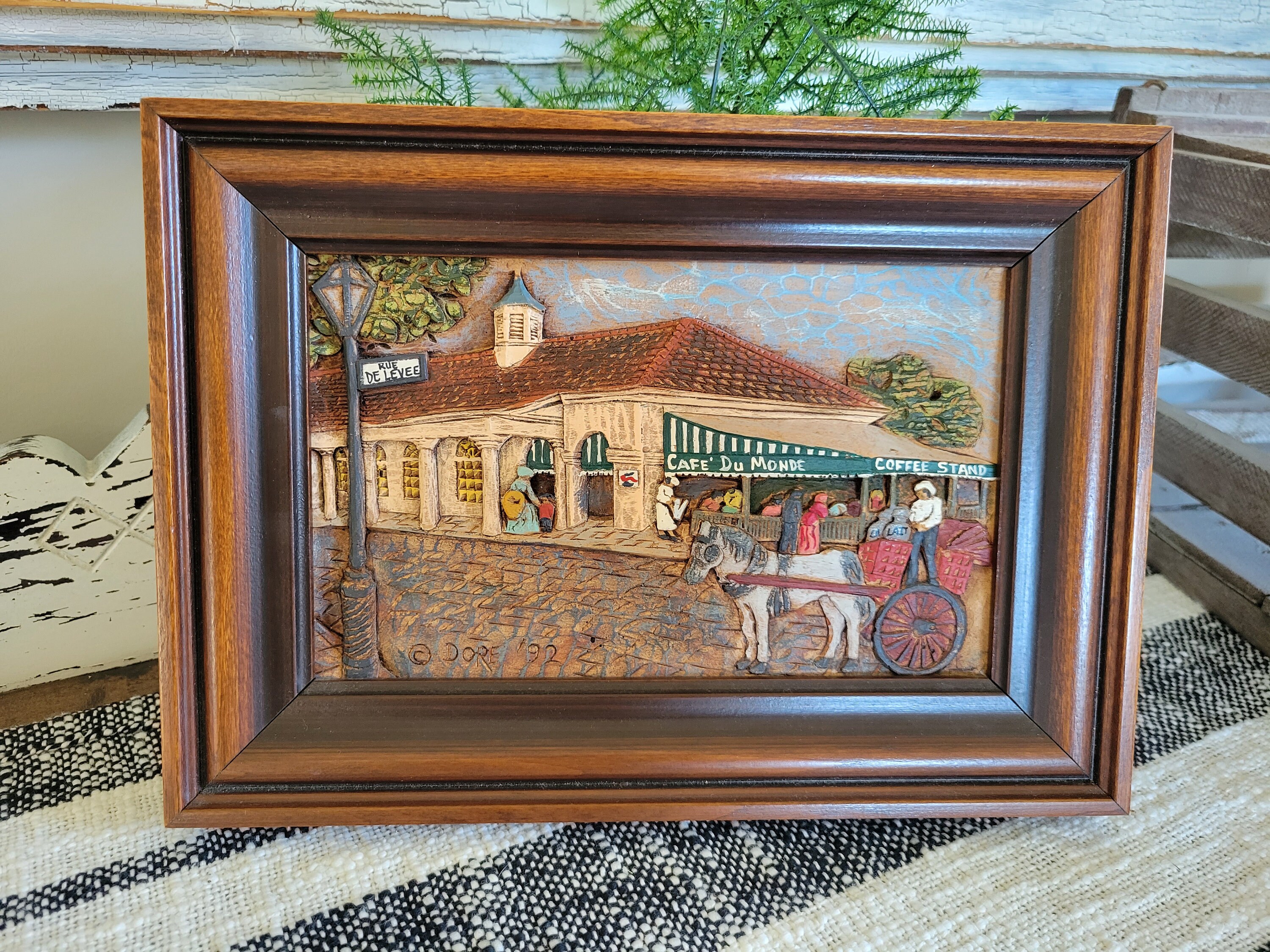 Woodgraph Painting by Dore Skidmore New Orleans Street Scene Cafe