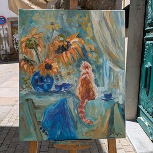 Pintura al óleo original de gato y girasoles / Arte impresionista de gatos / Lienzo de naturaleza muerta / Decoración de pared de cabaña acogedora / Arte azul y naranja