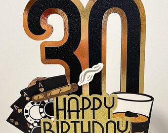 Blackjack Birthday Cake Topper, Personalized Adult Cake Topper, Whisky & Cigar Theme Birthday, Adult Party Decor, Black and Gold Birthday