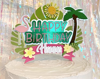 Flamingo Cake Topper, Tropical Theme Birthday, Flamingo Cake Decor, Palm Tree, Tropical Flowers, Summer Birthday Party Decor
