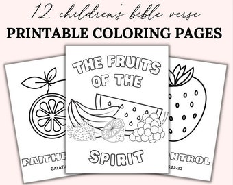 May include: Black and white printable coloring pages featuring fruits and the text "The Fruits of the Spirit" with bible verses. The fruits include a watermelon, banana, grapes, strawberry, and orange.