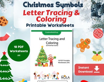Christmas symbols, icons preschool worksheets for kids | Letter Tracing Coloring printable pages | Kindergarten Toddler PDF activity book