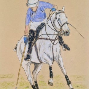 Graues Polopony mit Spieler, pastell, signierter Kunstdruck mit handbemalten, personalisierten Optionen.