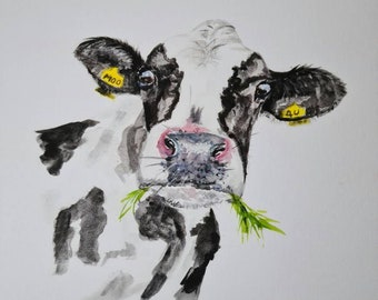 Dairy cow Original limited edition print Giclee, farm animal, farm yard, cow painting, cute cow, farm house, Cow calf. Moo 4 U Mothers Day