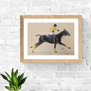 Polo pony and player, pastel, high quality,  fineart print with bespoke, hand painted customised, personalised options.