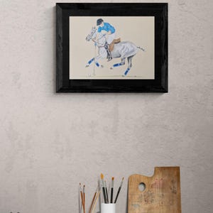 Galloping grey Polo pony, pastel, signed fineart print with bespoke, hand painted customised, personalised options.