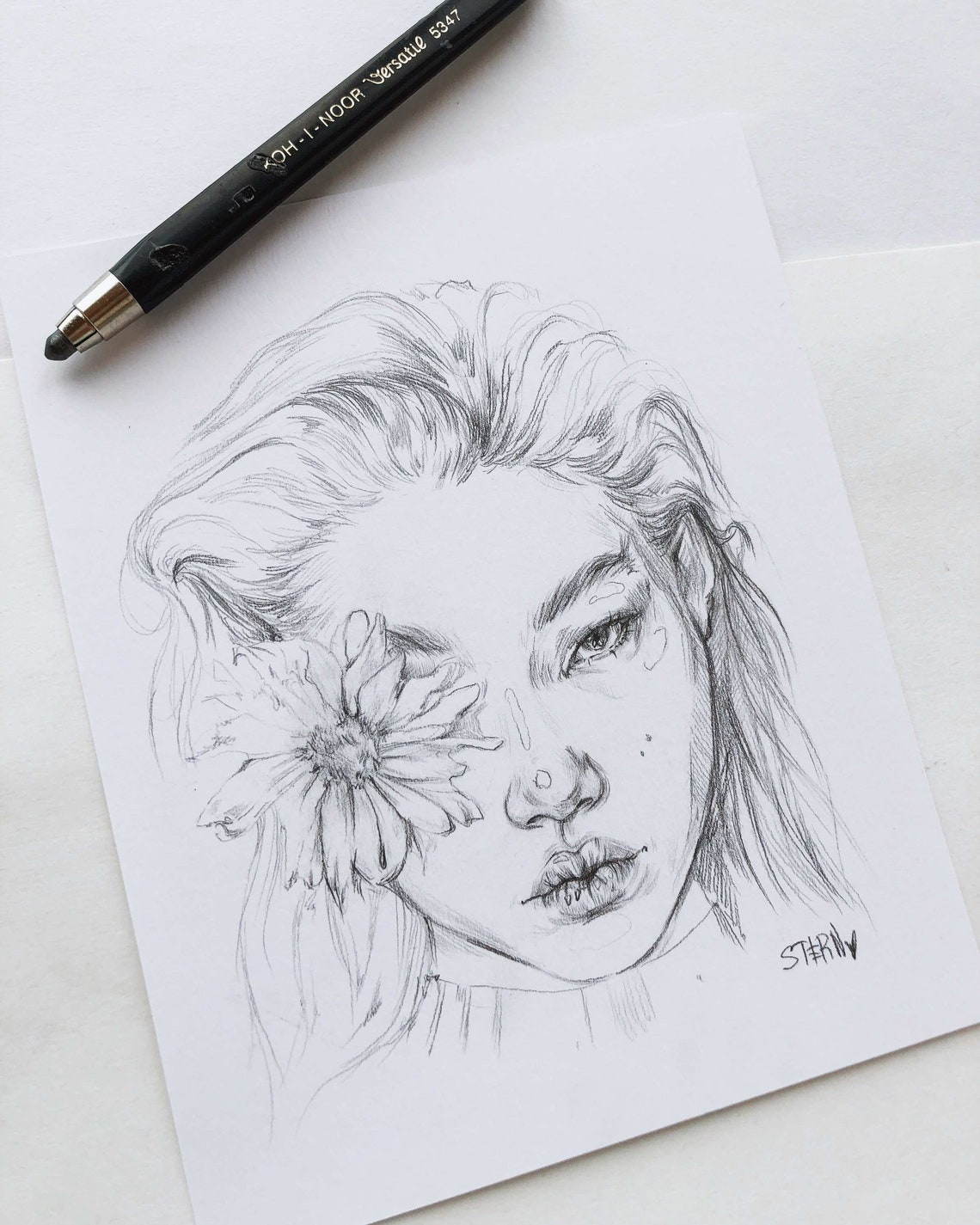 Korean girl Figurative pencil drawing Original pencil Etsy