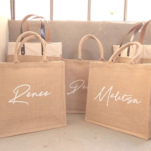 Borse di tela di iuta Borsa regalo personalizzata per damigelle d'onore Nome personalizzato Festa di addio al nubilato Borsa da spiaggia in iuta Madre della sposa Bomboniere per matrimonio