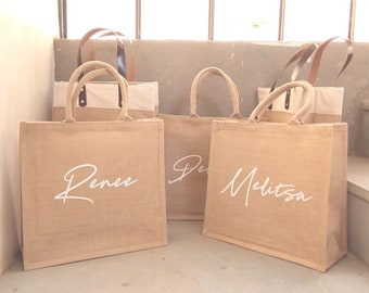 Burlap Tote Bags Personalized Bridesmaid Gift Bag Custom Name Bachelorette Party Beach Jute Bag Mother of Bride Wedding Favors