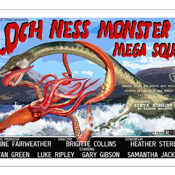 Personalised Movie Poster. "Loch Ness Monster vs Mega Squid".  Unique & Fun Wall Art Gift. B-Movie Poster with a Vintage feel.