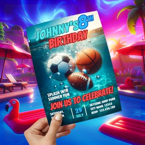 Premium Pool Party Invite for Boys Birthday, Kids Summer Pool Party Invitation Template, Sports Kid Pool Party, Football Basketball Party