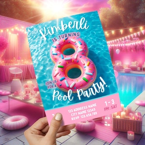 May include: A pink pool party invitation held in a hand. The invitation features a pink donut-shaped number eight float, the text "Kimberli is turning" and "Pool Party!" in a pool setting. Additional details include address, time, and RSVP information.